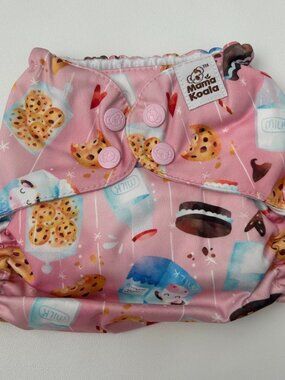 NEW Mama Koala Pocket Cloth Diaper OS Milk and Cookies Print Pink No Insert